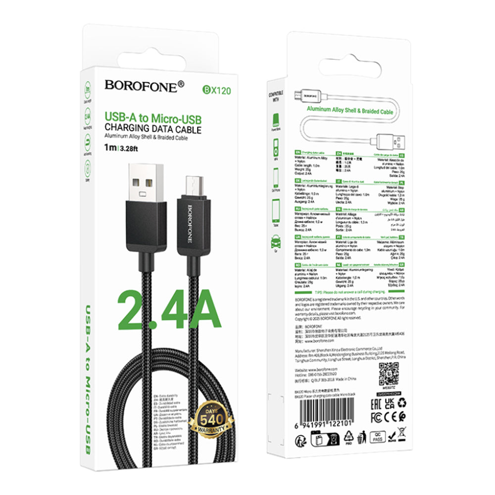 Data- och laddningskabel USB-A - microUSB Borofone BX120 Placer, 18W, 1m, Svart