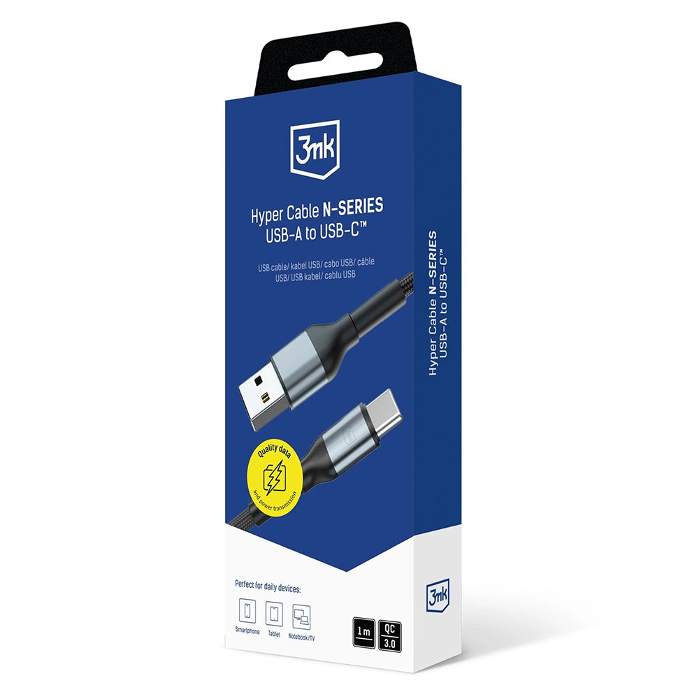 Data- och laddningskabel USB-A - USB-C 3MK Hyper N, 18W, 1m, Svart