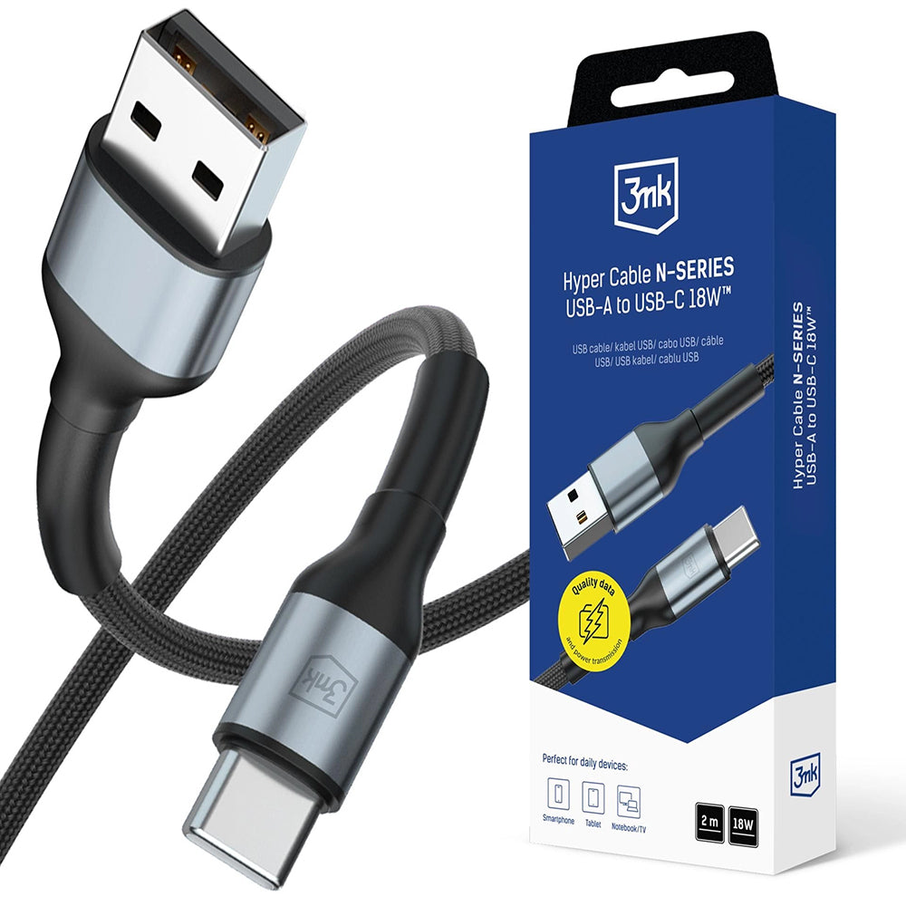 Data- och laddningskabel USB-A - USB-C 3MK Hyper N, 18W, 2m, Svart