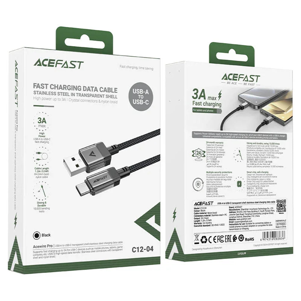 USB-A till USB-C data- och laddningskabel Acefast C12-04, 18W, 1,2 m, Svart