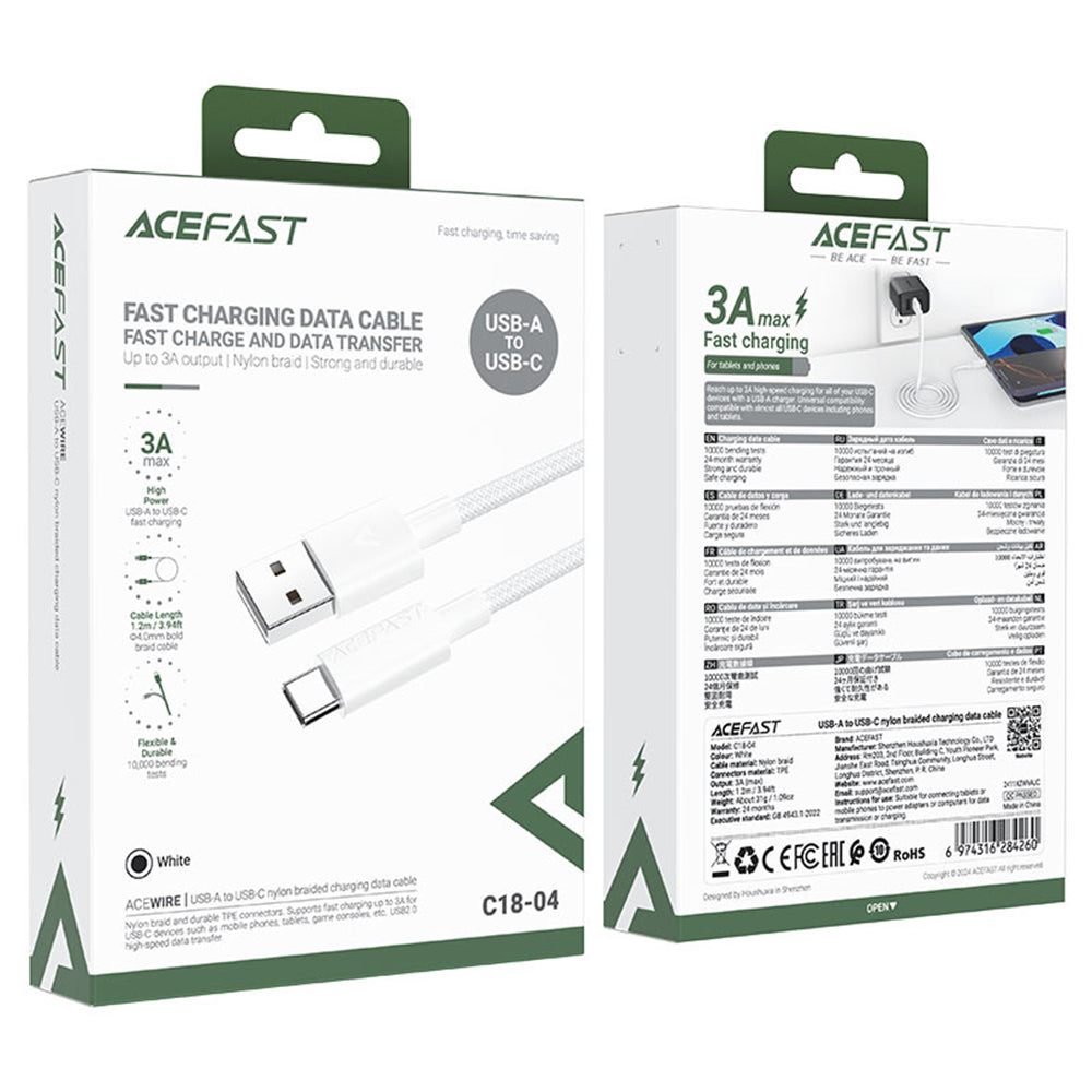 Data- och laddningskabel USB-A till USB-C Acefast C18-04, 18W, 1.2m, Vit
