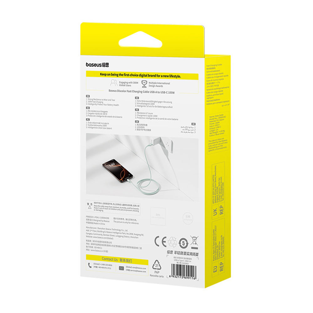 USB-A - USB-C Baseus Discolor data- och laddningskabel, 100W, 1m, Blågrön E0420801
