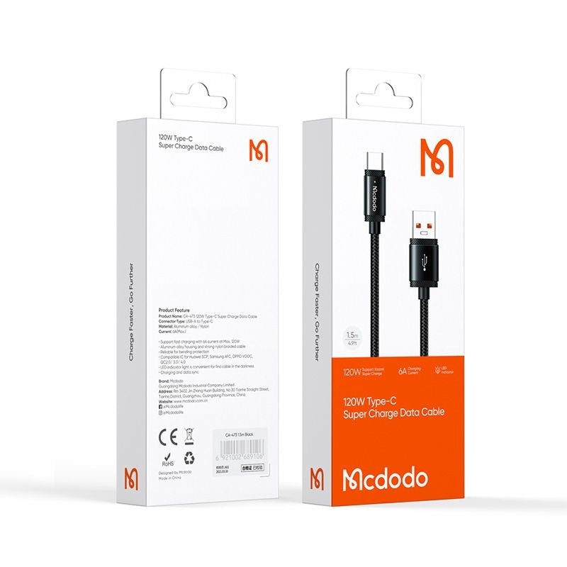 USB-A till USB-C data- och laddningskabel McDodo CA-4730, 120W, 1.5m, Svart