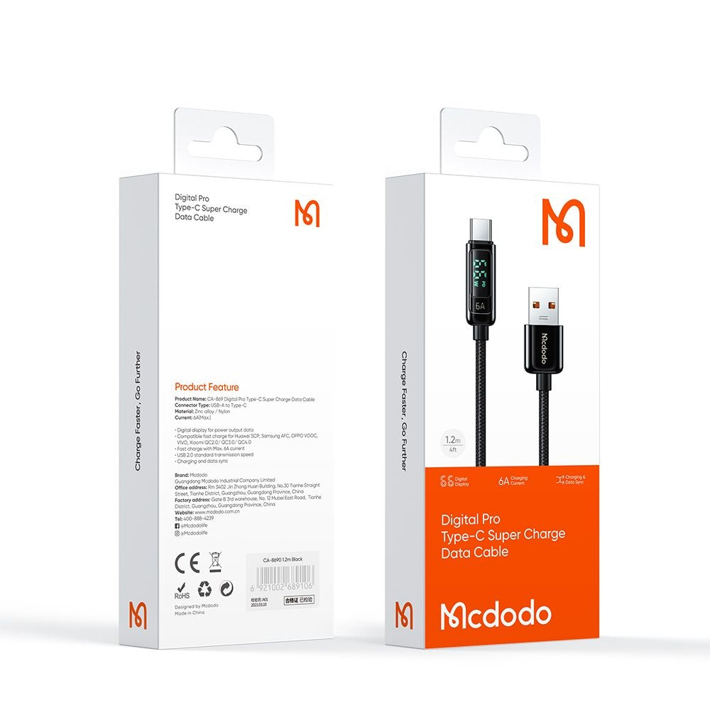 Data- och laddningskabel USB-A - USB-C McDodo CA-8690 Display, 66W, 1.2m, Svart