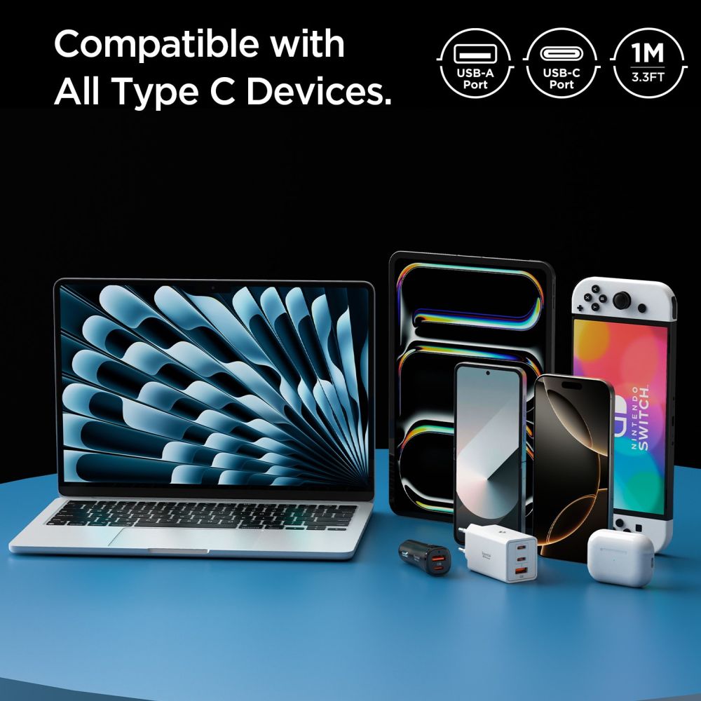 Data- och laddningskabel USB-A - USB-C Spigen Essential, 60W, 1m, Vit