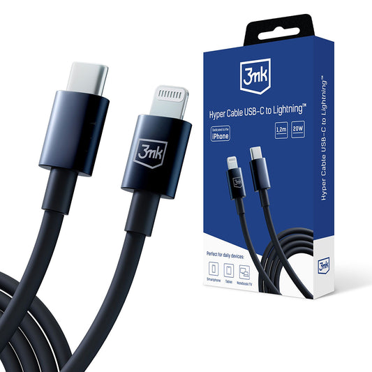 Data- och laddningskabel USB-C - Lightning 3MK Hyper, 20W, 1.2m, Svart