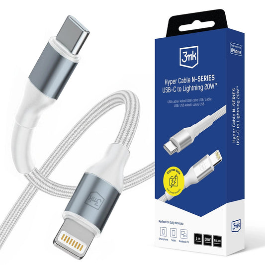 Data- och laddningskabel USB-C - Lightning 3MK Hyper N, 20W, 1m, Vit