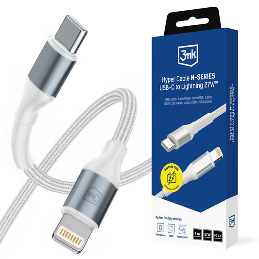 USB-C till Lightning data- och laddningskabel 3MK Hyper N, 27W, 1m, vit