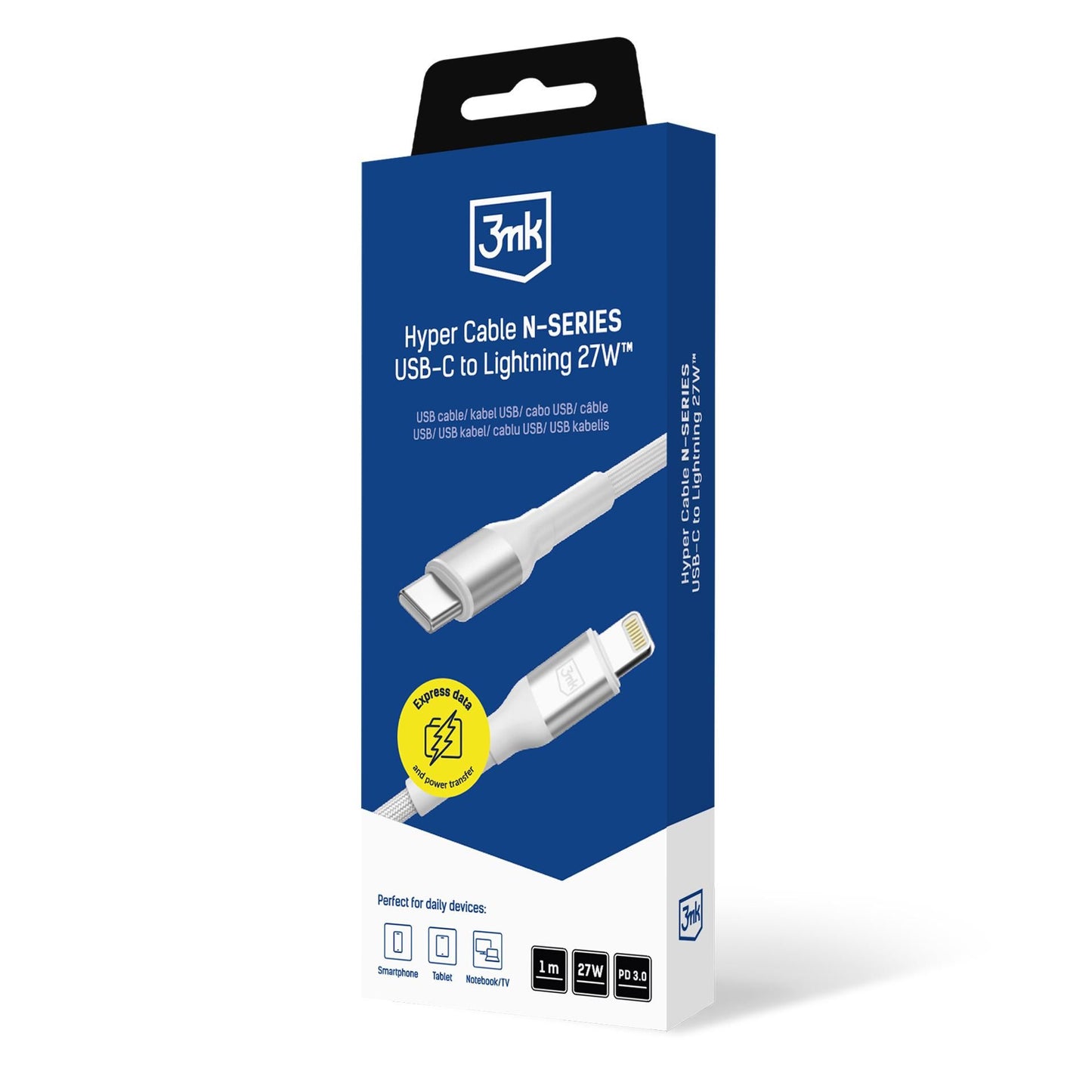 USB-C till Lightning data- och laddningskabel 3MK Hyper N, 27W, 1m, vit