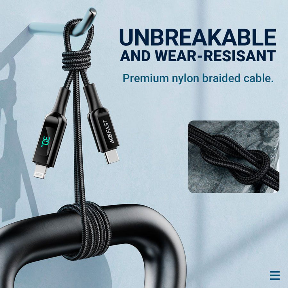 USB-C - Lightning Data- och Laddningskabel Acefast C6-01 Display, 20W, 1.2m, Svart