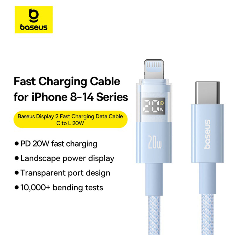 USB-C - Lightning Data- och Laddningskabel Baseus Display 2, 20W, 2m, Blå P10382703311-01