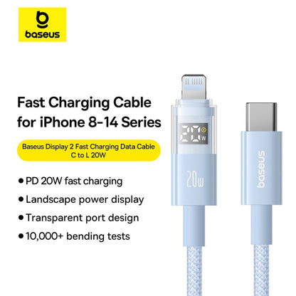 USB-C - Lightning Data- och Laddningskabel Baseus Display 2, 20W, 2m, Blå P10382703311-01