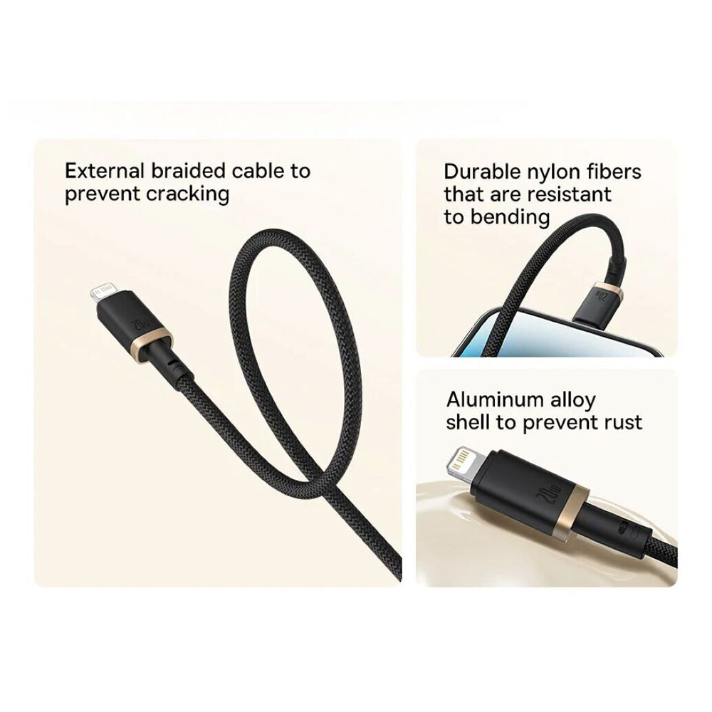 USB-C - Lightning Data- och Laddningskabel Baseus Dura Series, 20W, 2m, Guld Svart P10377800U01-02