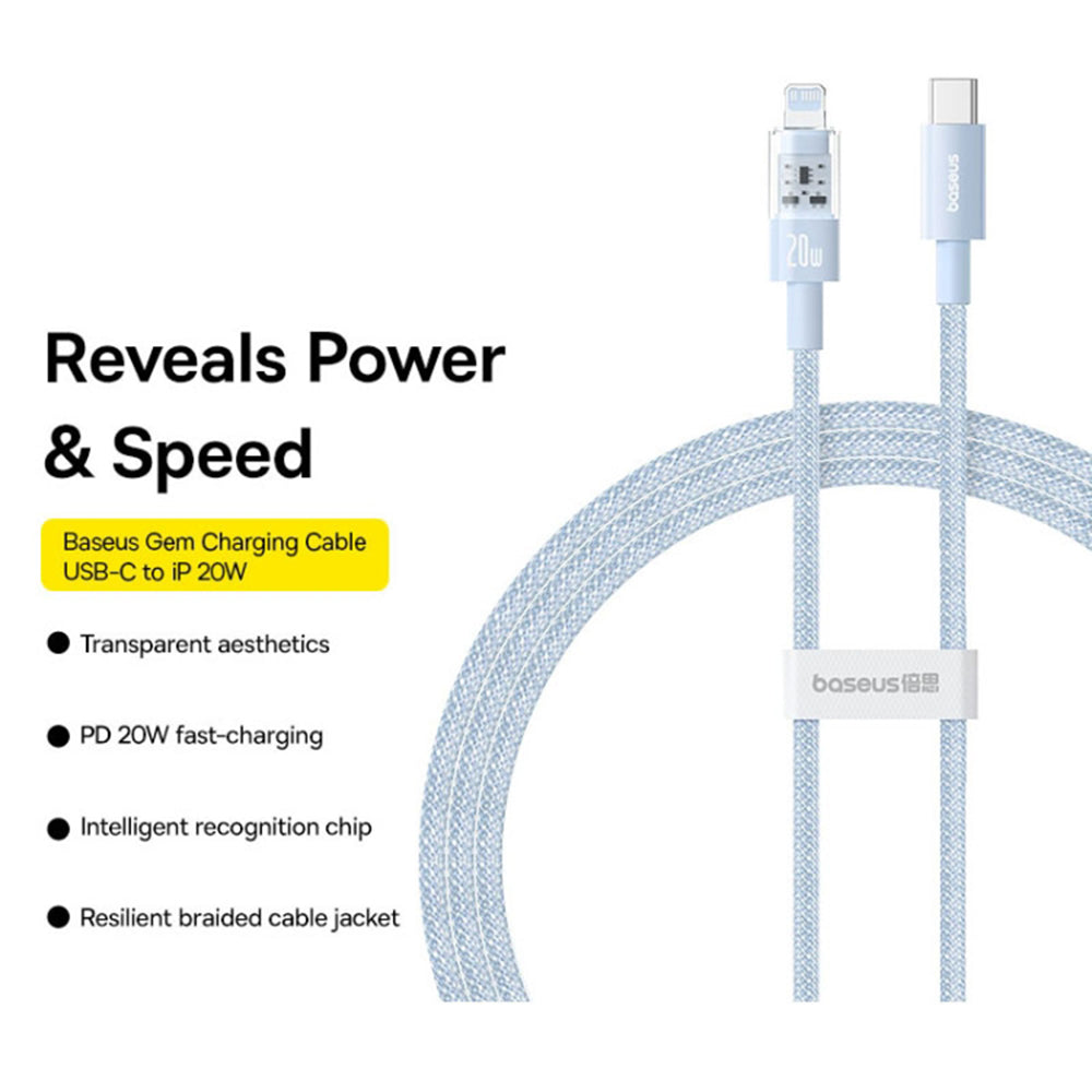 USB-C - Lightning Baseus Gem data- och laddningskabel, 20W, 2m, Blå P10373001311-01