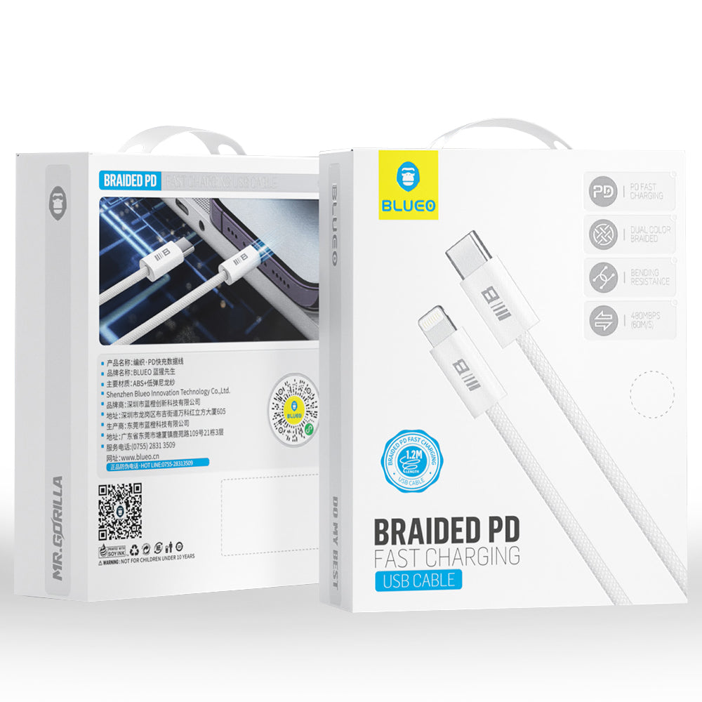 Data- och laddningskabel USB-C - Lightning Blueo, 20W, 1.2m, Vit