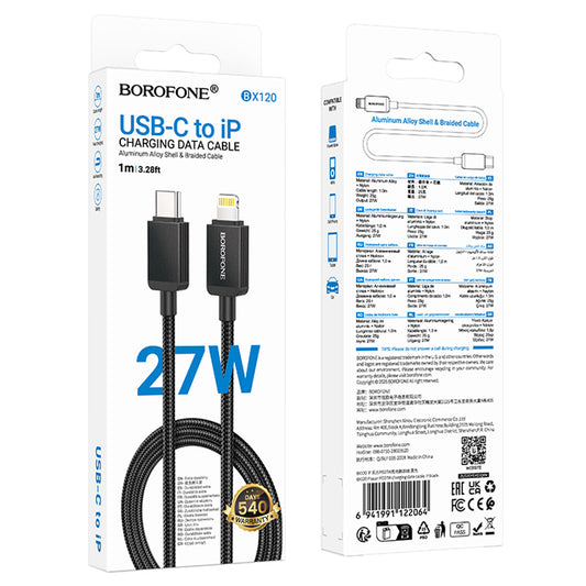 USB-C - Lightning Data- och Laddningskabel Borofone BX120 Placer, 27W, 1m, Svart