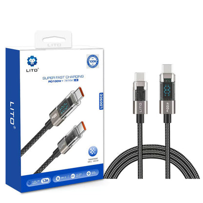 USB-C - USB-C Data- och Laddningskabel Lito LD09CC Display, 100W, 1.2m, Svart