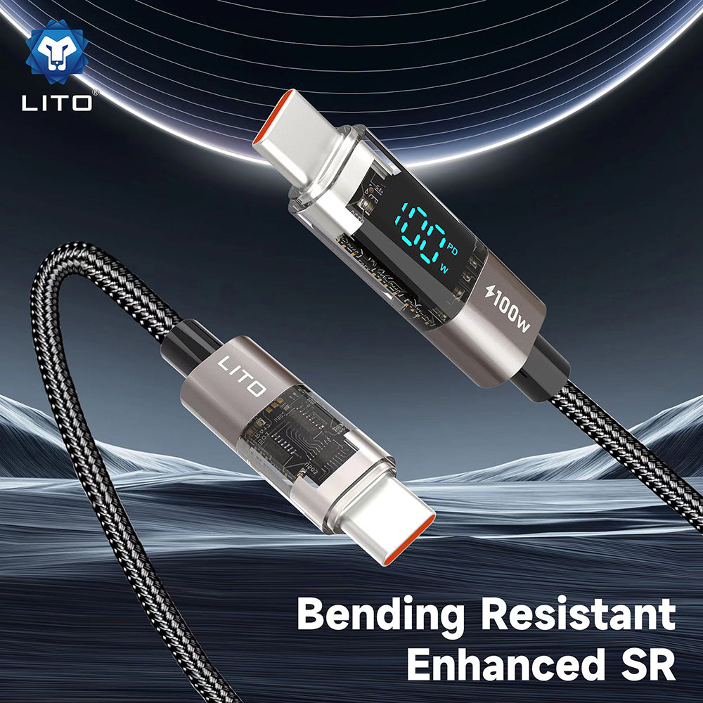 USB-C - USB-C Data- och Laddningskabel Lito LD09CC Display, 100W, 1.2m, Svart