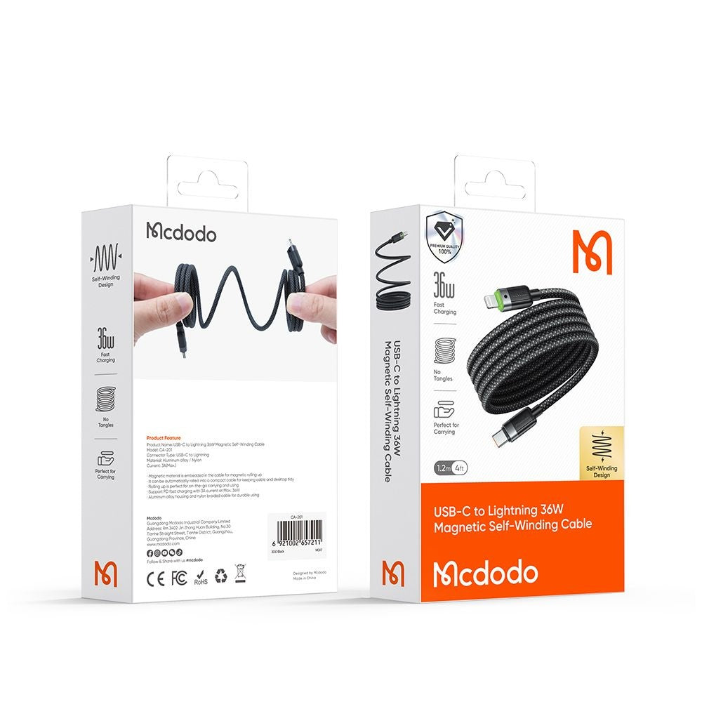 USB-C - Lightning McDodo CA-2010 Självlindande data- och laddningskabel, 36W, 1.2m, Svart
