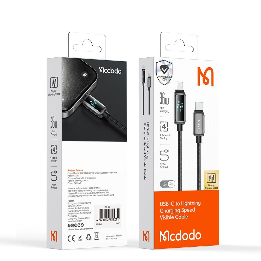 USB-C - Lightning McDodo CA-2630 Display data- och laddningskabel, 36W, 1.2m, Svart