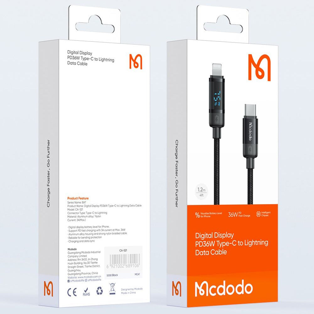 Data- och laddningskabel USB-C - Lightning McDodo CA-5210 Bat Display, 36W, 1.2m, Svart