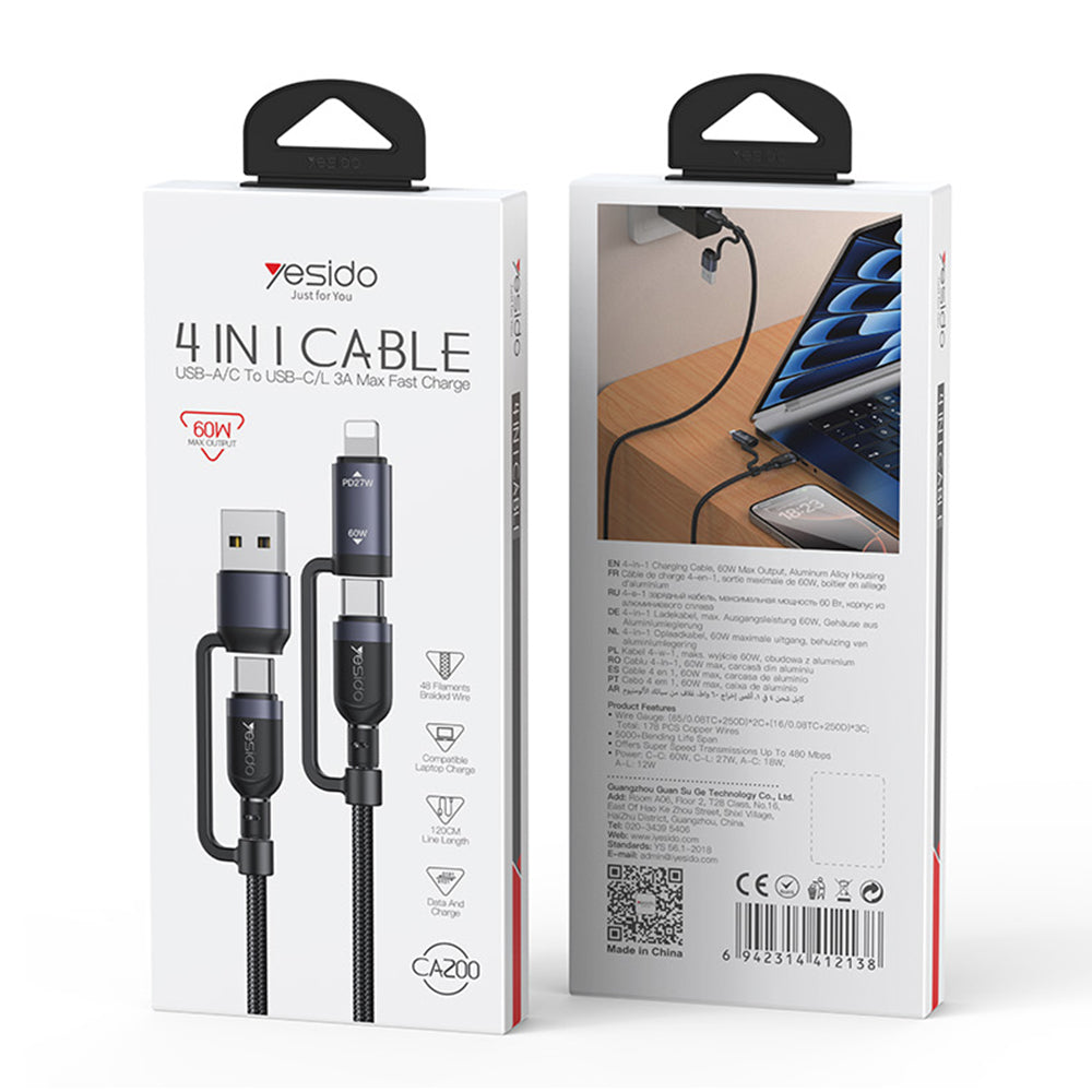 USB-C / USB-A data- och laddningskabel - USB-C / Lightning Yesido CA200, 60W, 1,2m, svart