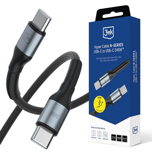 USB-C Data- och Laddningskabel - USB-C 3MK Hyper, 240W, 2m, Svart