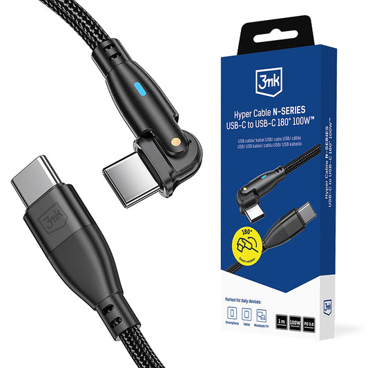 USB-C Data- och Laddningskabel - USB-C 3MK Hyper N Vinklad, 100W, 1m, Svart