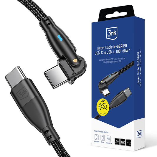 USB-C Data- och Laddningskabel - USB-C 3MK Hyper N Angled, 60W, 2m, Svart