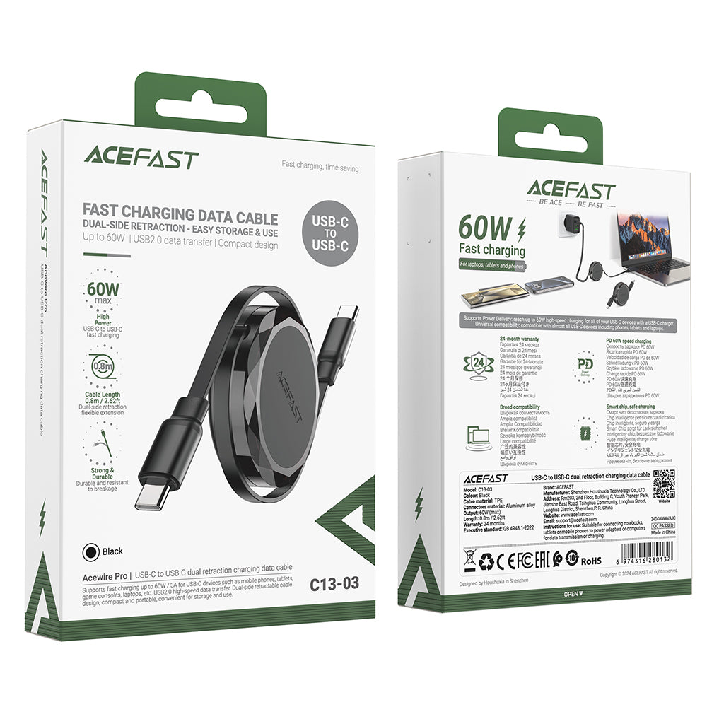 USB-C - USB-C data- och laddningskabel Acefast C13-03, 60W, 0.8m, Svart