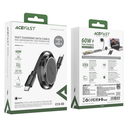 USB-C - USB-C data- och laddningskabel Acefast C13-03, 60W, 0.8m, Svart