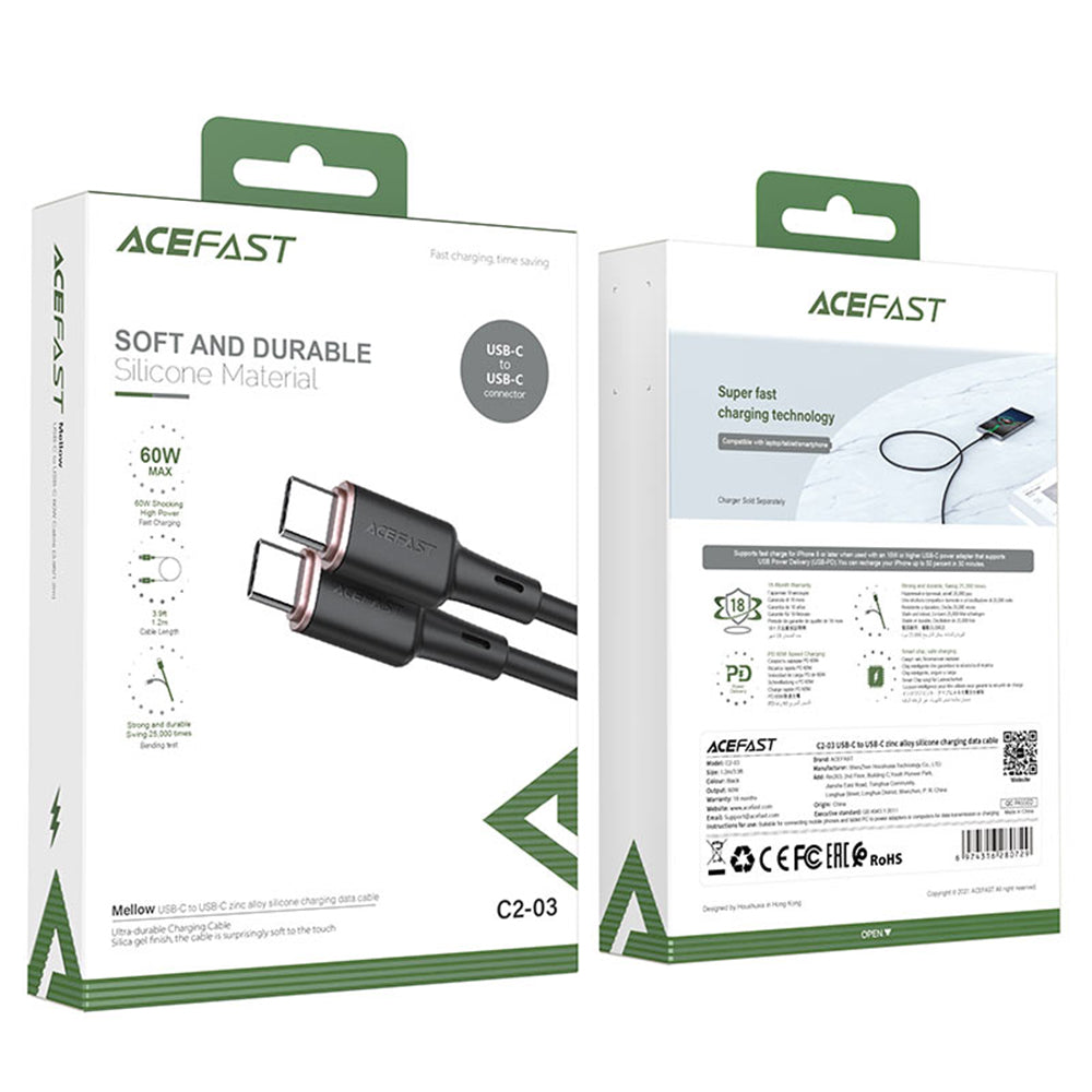 USB-C Data- och Laddningskabel - USB-C Acefast C2-03, 60W, 1.2m, Svart