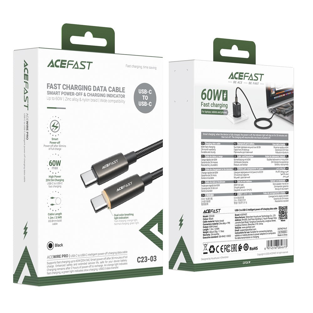 Data- och laddningskabel USB-C - USB-C Acefast C23-03, 60W, 1.2m, Svart