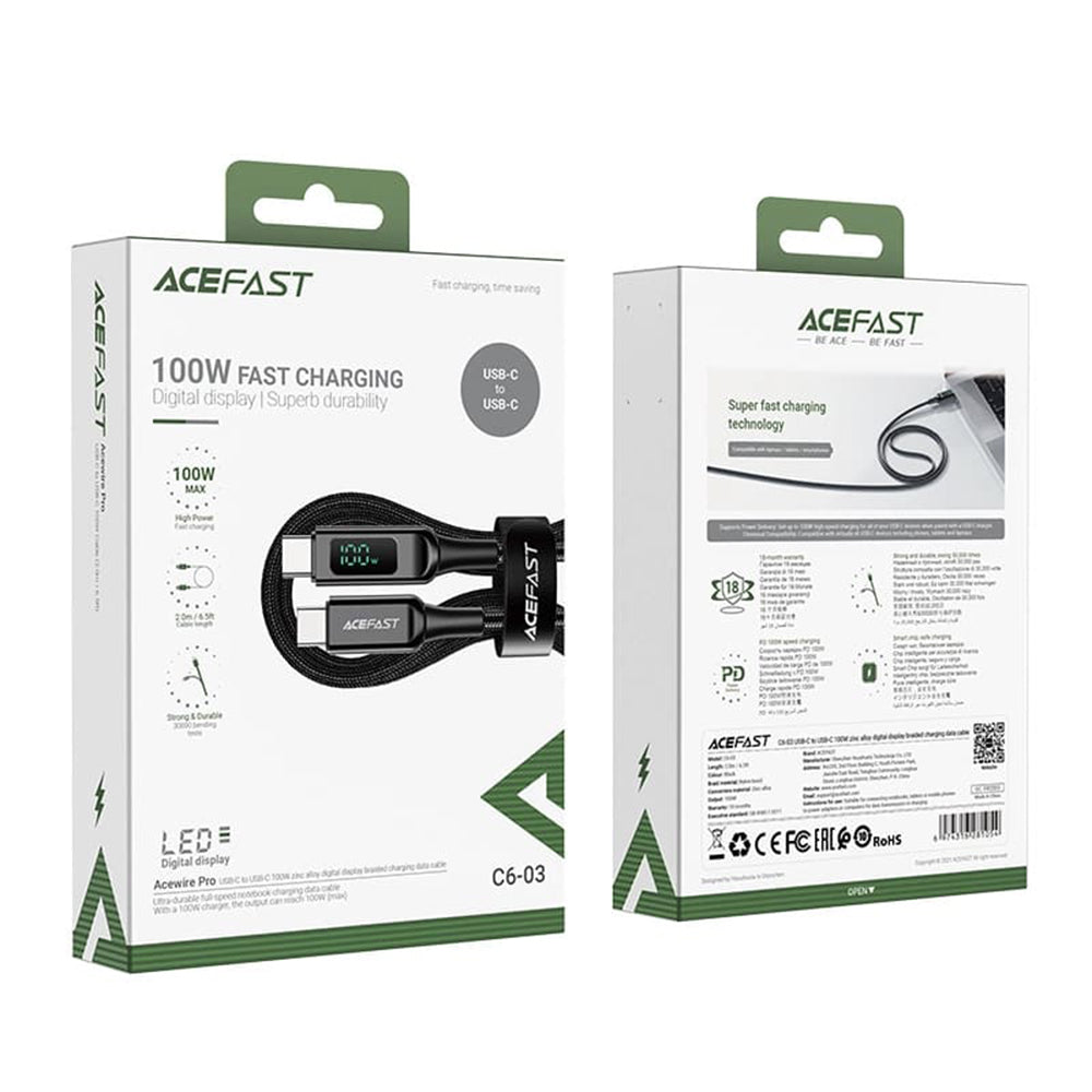 USB-C Data and Charging Cable - USB-C Acefast C6-03 Display, 100W, 2m, Black