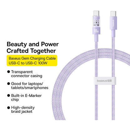 USB-C - USB-C Data- och Laddningskabel Baseus Gem, 100W, 1m, Lila P10373000511-00