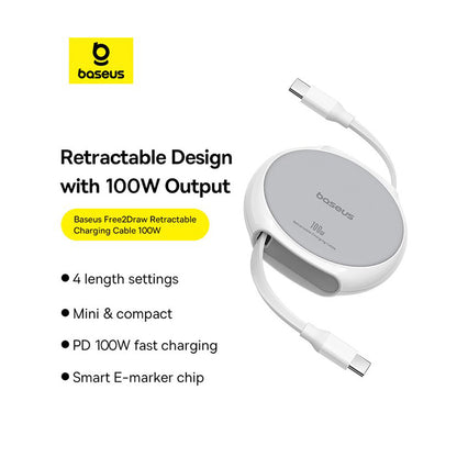 USB-C Data- och Laddningskabel - USB-C Baseus Pathfinder Retractable, 100W, 1m, Vit P10368400211-00