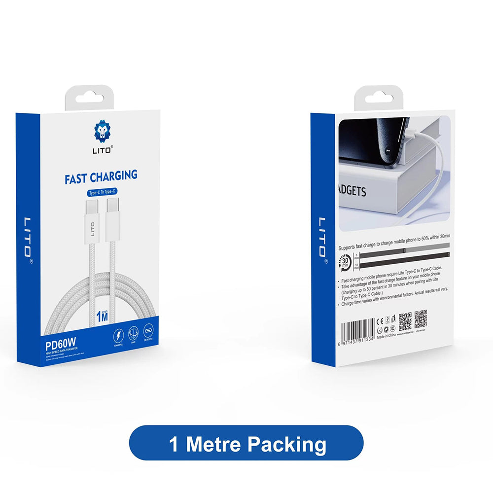 Data- och laddningskabel USB-C - USB-C Lito LD04CC, 60W, 1m, Vit
