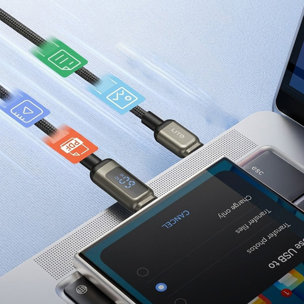Data- och laddningskabel USB-C - USB-C Lito LD15 Display, 60W, 1m, Svart