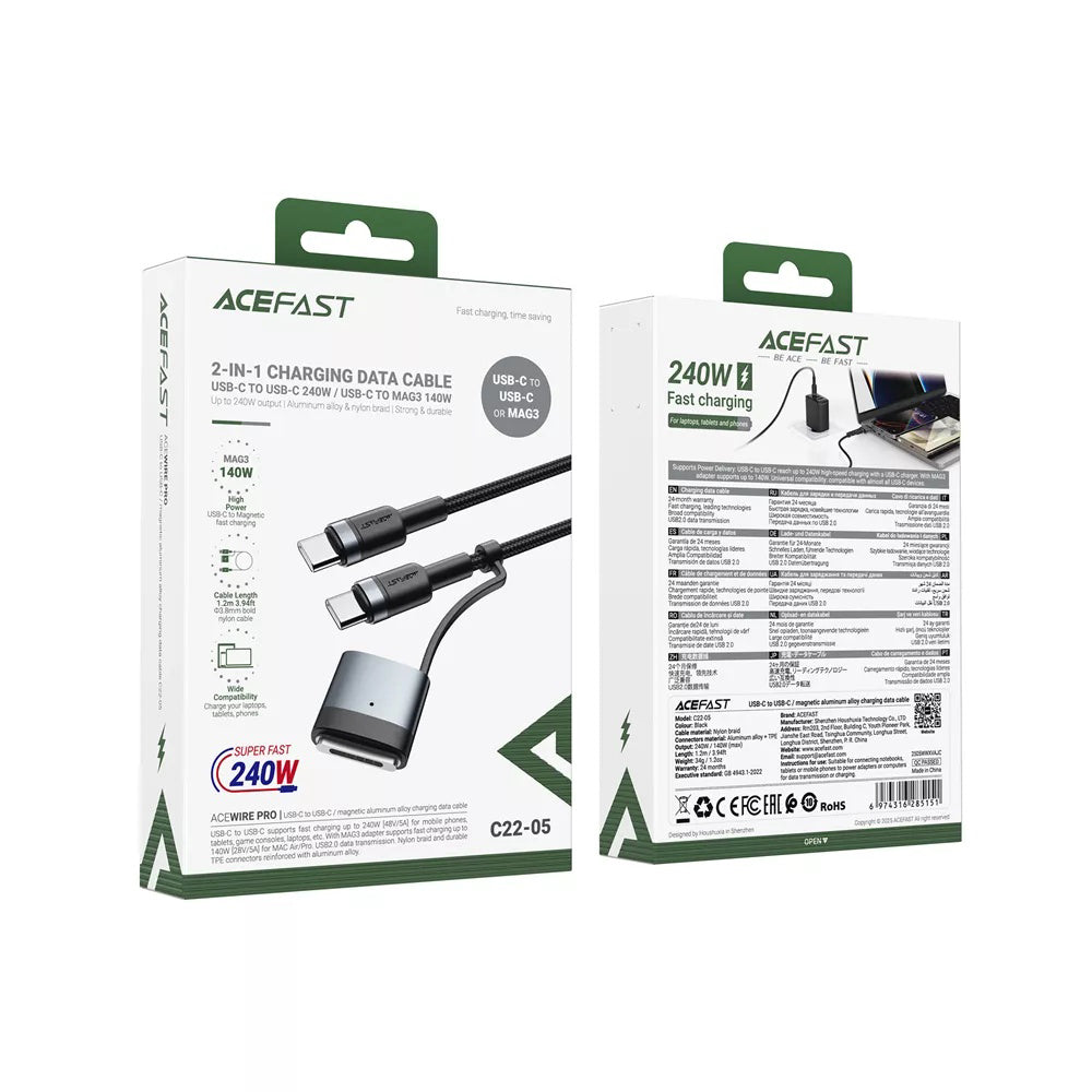 Acefast laddningskabel, USB-C - USB-C / MagSafe 3, 240W, 1.2m, Svart