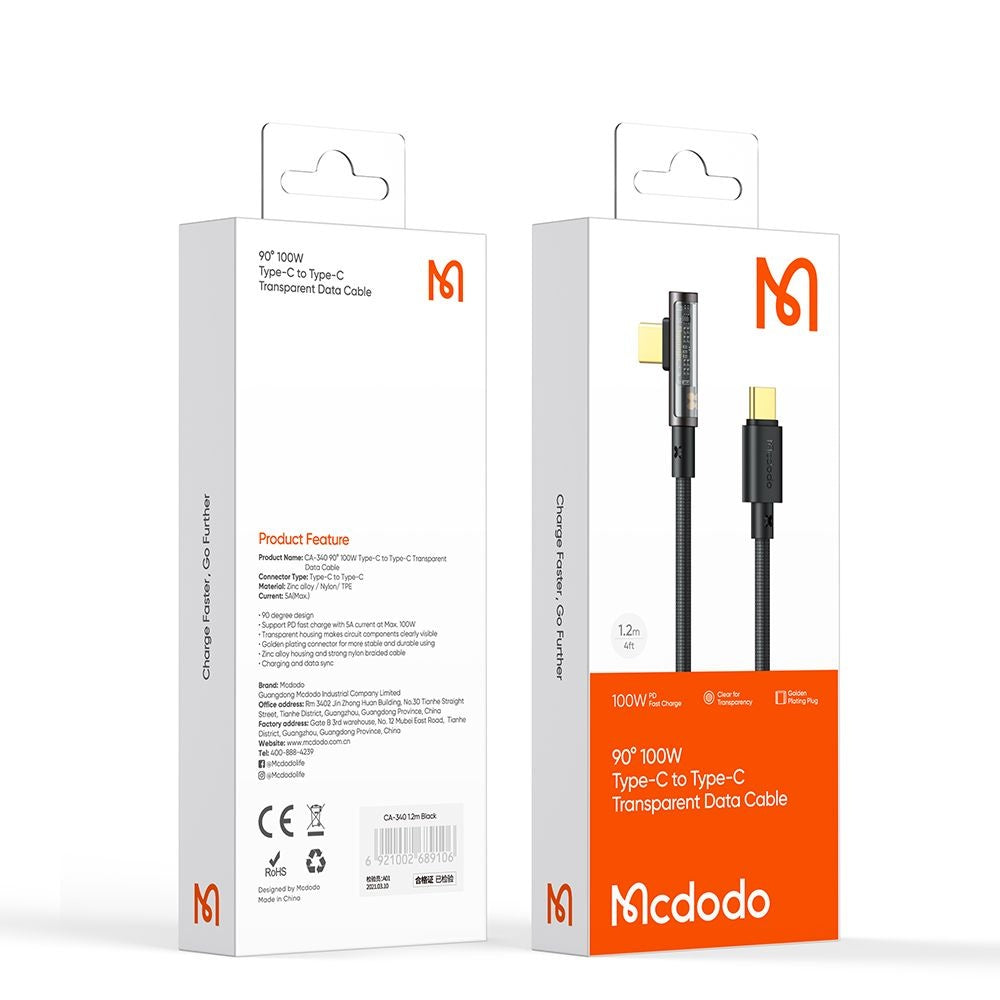 USB-C Data- och Laddningskabel - USB-C McDodo CA-3400 Angled, 100W, 1.2m, Svart
