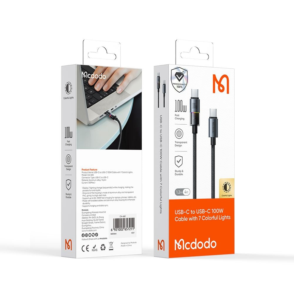 USB-C - USB-C Data- och Laddningskabel McDodo CA-8200 Colorful, 100W, 1.2m, Svart