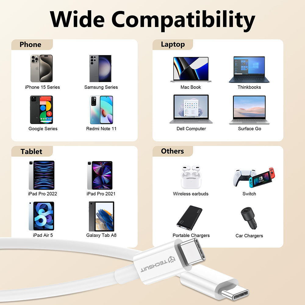 USB-C Data- och Laddningskabel - USB-C Techsuit PCB130, 60W, 1m, Vit