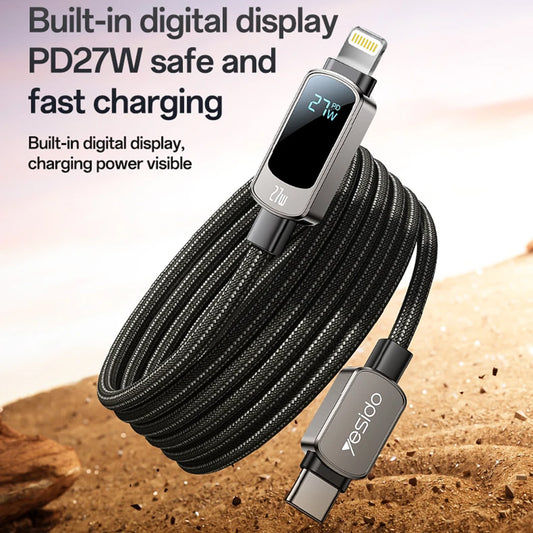 USB-C till USB-C data- och laddningskabel Yesido CA180 Display, 27W, 1.2m, Svart