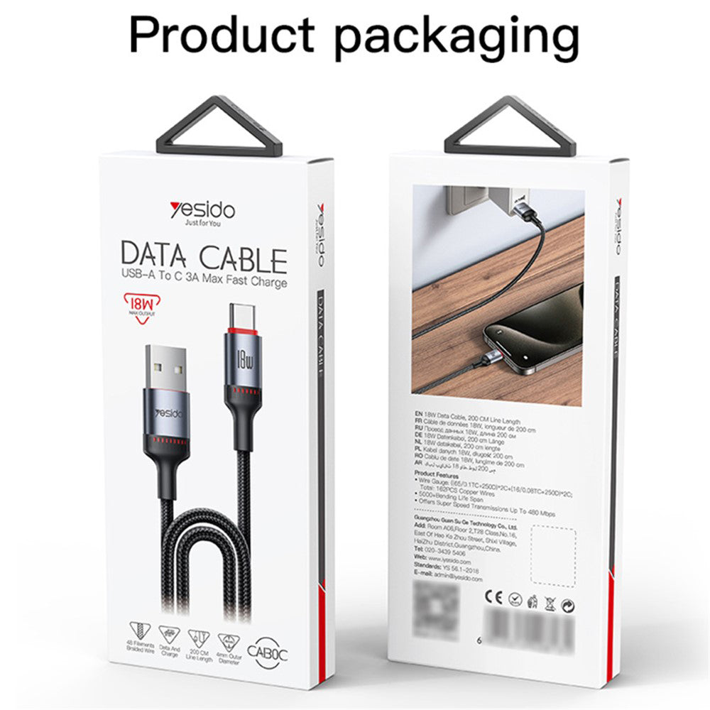 USB-C Data and Charging Cable - USB-C Yesido CA183, 60W, 2m, Black