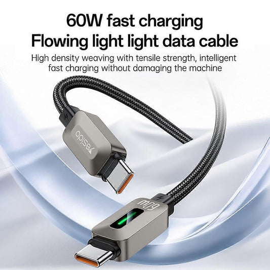 USB-C Data- och laddningskabel - USB-C Yesido CA198, 60W, 1,2m, Svart