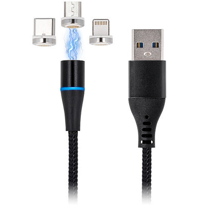 USB-A laddningskabel - Lightning / microUSB / USB-C MaXlife MXUC-02 Magnetisk 3i1, 18W, 1m, Svart
