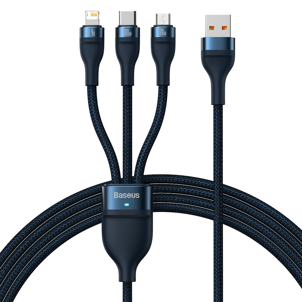 USB-A Laddningskabel - Lightning / microUSB / USB-C Baseus Flash Series II 3in1, 100W, 1.2m, Blå CASS030003