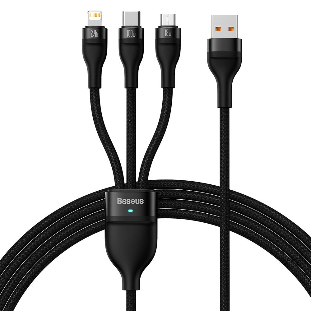 USB-A Laddningskabel - Lightning / microUSB / USB-C Baseus Flash Series II 3in1, 100W, 1.2m, Svart CASS030001