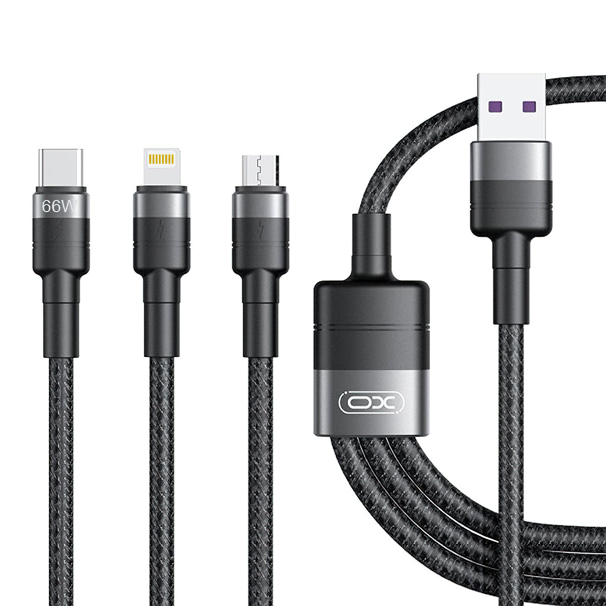 USB-A - Lightning / microUSB / USB-C Laddningskabel XO Design NB-Q191 3in1, 66W, 1.2m, Svart