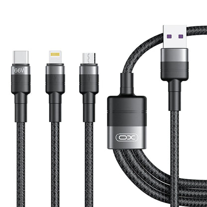 USB-A - Lightning / microUSB / USB-C Laddningskabel XO Design NB-Q191 3in1, 66W, 1.2m, Svart